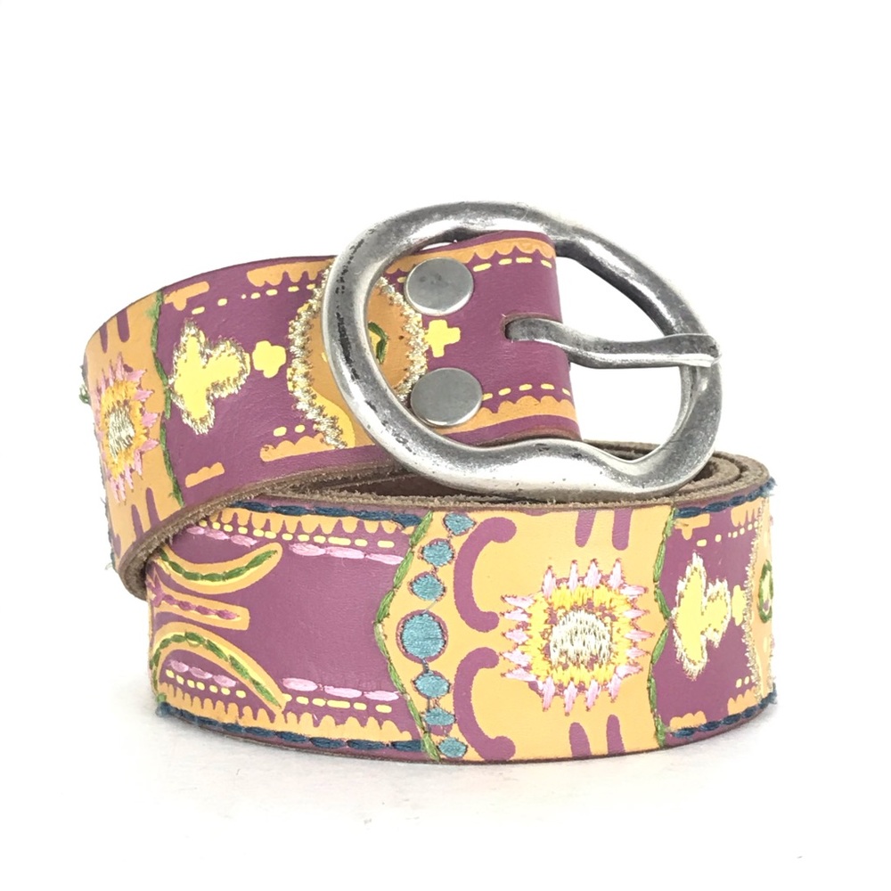 Lucky Brand floral embroidered leather belt Sz M - Picture 3 of 8